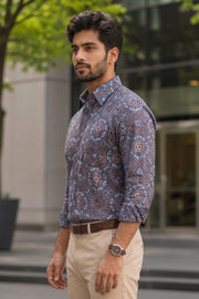 Blue Full Sleeve Ajrakh Printed Cotton Mens Shirt 10071162