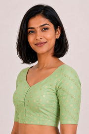 Green Hand Embroidered Banarasi Silk Cotton Blouse 10066108