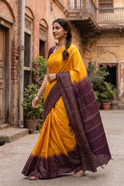 Yellow Semi Tussar Saree with Chevron Border 10078215