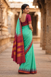 Blue Korvai Kanjivaram Pure silk saree with Temple Border 10077909