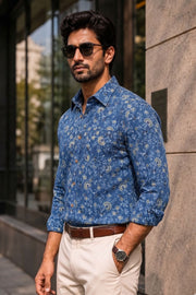 Blue Full Sleeve Ajrakh Printed Cotton Mens Shirt 10073162