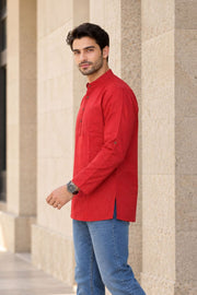 Red Full Sleeve Slub Cotton Shirt Length Men's Kurta 10077839