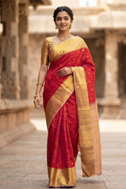 Red Korvai Kanjivaram Pure Silk Saree With Zari Border 10077910