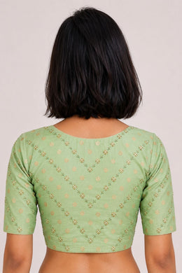 Green Hand Embroidered Banarasi Silk Cotton Blouse 10066108