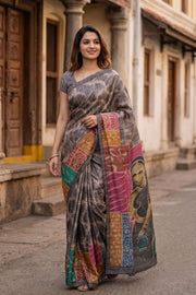 Grey Printed Semi Tussar Silk Saree With Tribal Motifs 10076271