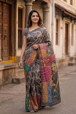Grey Printed Semi Tussar Silk Saree With Tribal Motifs 10076271