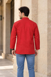 Red Full Sleeve Slub Cotton Shirt Length Men's Kurta 10077839