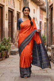 Orange Semi Tussar Saree with Chevron Border 10078216