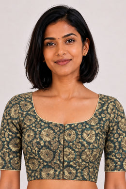 Green Ajrakh Printed Cotton Blouse 10066054