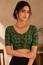Green Indigo Hand Block Printed Cotton Blouse 10078131
