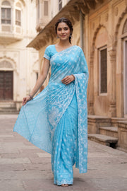Sky Blue Chikankari Embroided Organza Saree 10078122