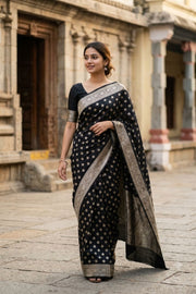 Black Handloom Banarasi Chiniya Silk Saree 10063238