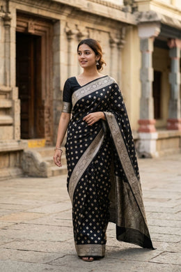Black Handloom Banarasi Chiniya Silk Saree 10063238