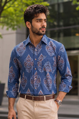 Blue Full Sleeve Ajrakh Printed Cotton Mens Shirt 10073163