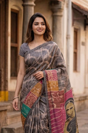 Grey Printed Semi Tussar Silk Saree With Tribal Motifs 10076271