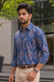 Blue Full Sleeve Ajrakh Printed Cotton Mens Shirt 10073163