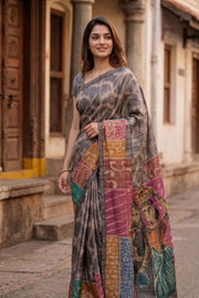 Grey Printed Semi Tussar Silk Saree With Tribal Motifs 10076271