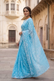 Sky Blue Chikankari Embroided Organza Saree 10078122