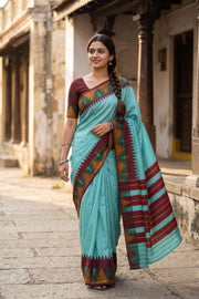 Teal Blue Vegan Silk Kanjivaram Saree 10077944