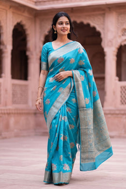Blue Handloom Banarasi Muga Silk Saree 10074273