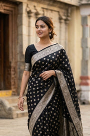 Black Handloom Banarasi Chiniya Silk Saree 10063238