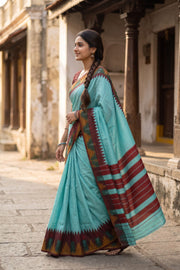 Teal Blue Vegan Silk Kanjivaram Saree 10077944