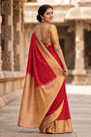 Red Korvai Kanjivaram Pure Silk Saree With Zari Border 10077910