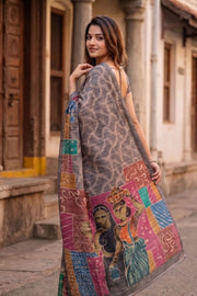 Grey Printed Semi Tussar Silk Saree With Tribal Motifs 10076271