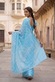 Sky Blue Chikankari Embroided Organza Saree 10078122