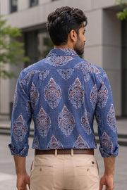 Blue Full Sleeve Ajrakh Printed Cotton Mens Shirt 10073163