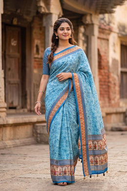 Sky Blue Printed Semi Tussar Silk Saree 10077223