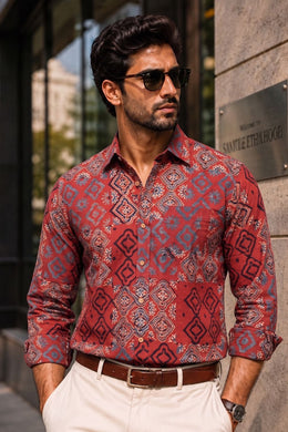 Red Full Sleeve Ajrakh Printed Cotton Mens Shirt 10073164