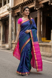 Peacock Blue Kanjivaram Pure Silk Saree with Vanki Border 10077899