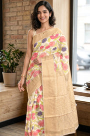 Kanjivaram Vegan Silk Saree with Multicolour Floral Prints and Zari Border 10075578