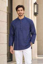 Blue Full Sleeve Slub Cotton Shirt Length Men's Kurta 10077838