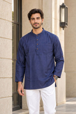 Blue Full Sleeve Slub Cotton Shirt Length Men's Kurta 10077838
