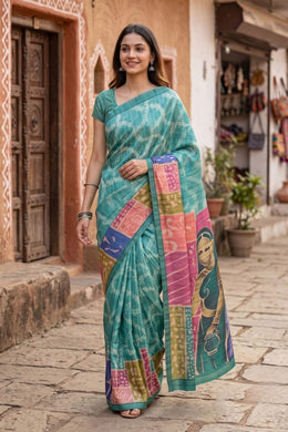 Green Printed Semi Tussar Silk Saree With Tribal Motifs 10076272