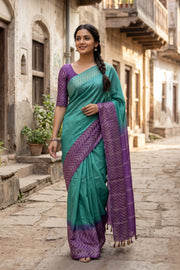 Teal Green Semi Tussar Saree with Chevron Border 10078217