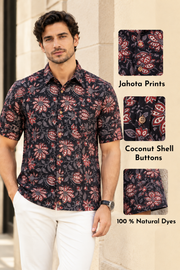 Black Half Sleeve Jahota Printed Cotton Mens Shirt 10074311