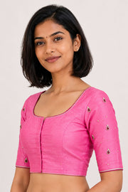 Pink Aari Embroidered Raw Silk Blouse 10066511
