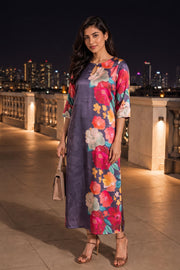 Dusty Purple Printed Vegan Charmeuse Silk Dress 10077268 