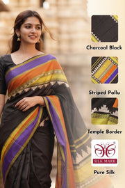 Black Kanjivaram Pure Silk Saree With Temple Mega Border 10077911