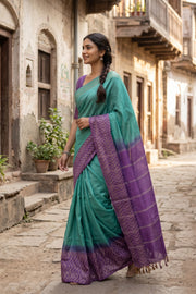 Teal Green Semi Tussar Saree with Chevron Border 10078217
