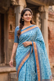 Sky Blue Printed Semi Tussar Silk Saree 10077223