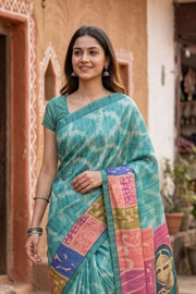 Green Printed Semi Tussar Silk Saree With Tribal Motifs 10076272