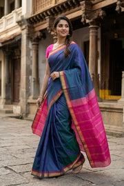Peacock Blue Kanjivaram Pure Silk Saree with Vanki Border 10077899