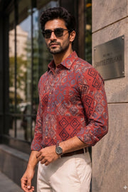 Red Full Sleeve Ajrakh Printed Cotton Mens Shirt 10073164