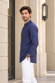 Blue Full Sleeve Slub Cotton Shirt Length Men's Kurta 10077838