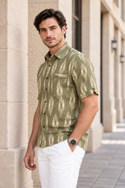 Light Green Half Sleeve Handloom Ikat Cotton Men's Shirt 10077853
