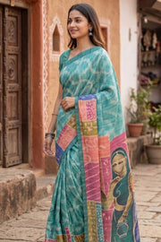 Green Printed Semi Tussar Silk Saree With Tribal Motifs 10076272